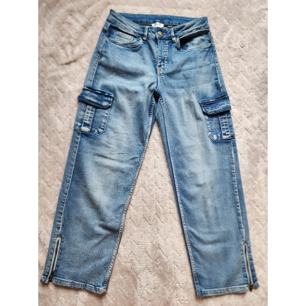 Venus High Rise Stretch Cargo Jeans Womens 10 Blue Straight Leg Ankle Zip Denim